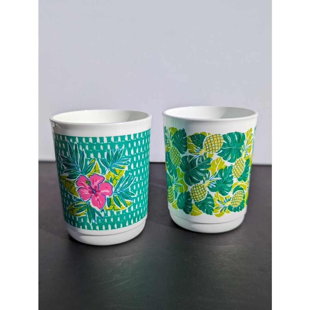 Tupperware Tropical Flower Pineapple White stacking Mugs Set of 2